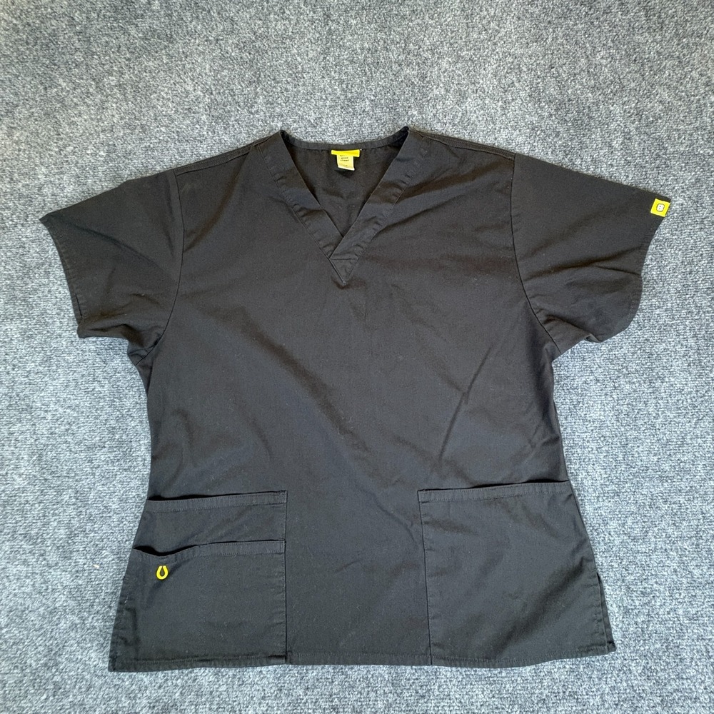 Wink Scrubs Top Womens Large Black Logo Cotton Pockets V-Neck Short Sleeve
